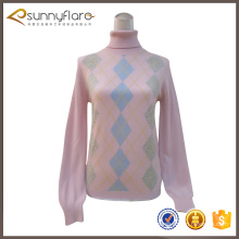 High neck pure cashmere women jacquard knitting pattern sweater